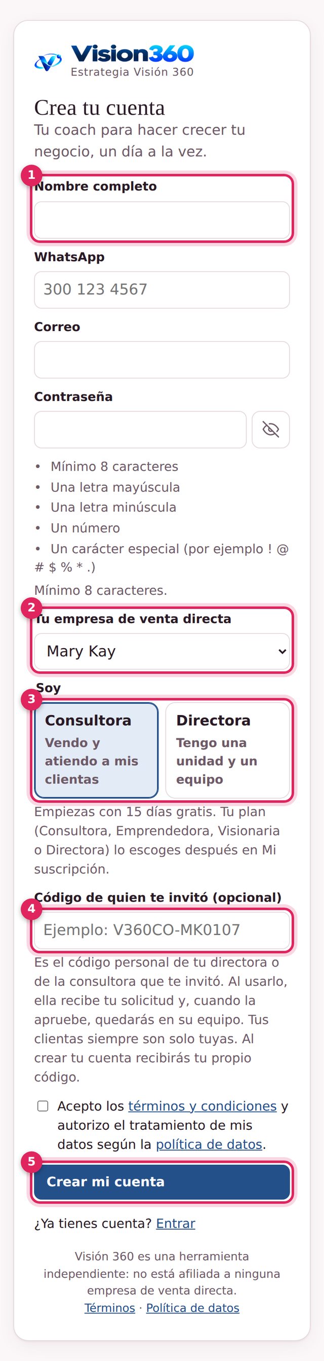 Formulario de registro con nombre, empresa, rol, código de invitación y botón Crear mi cuenta señalados