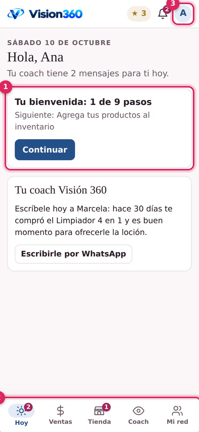 Pantalla Hoy con la bienvenida, el menú inferior y el círculo de la cuenta señalados