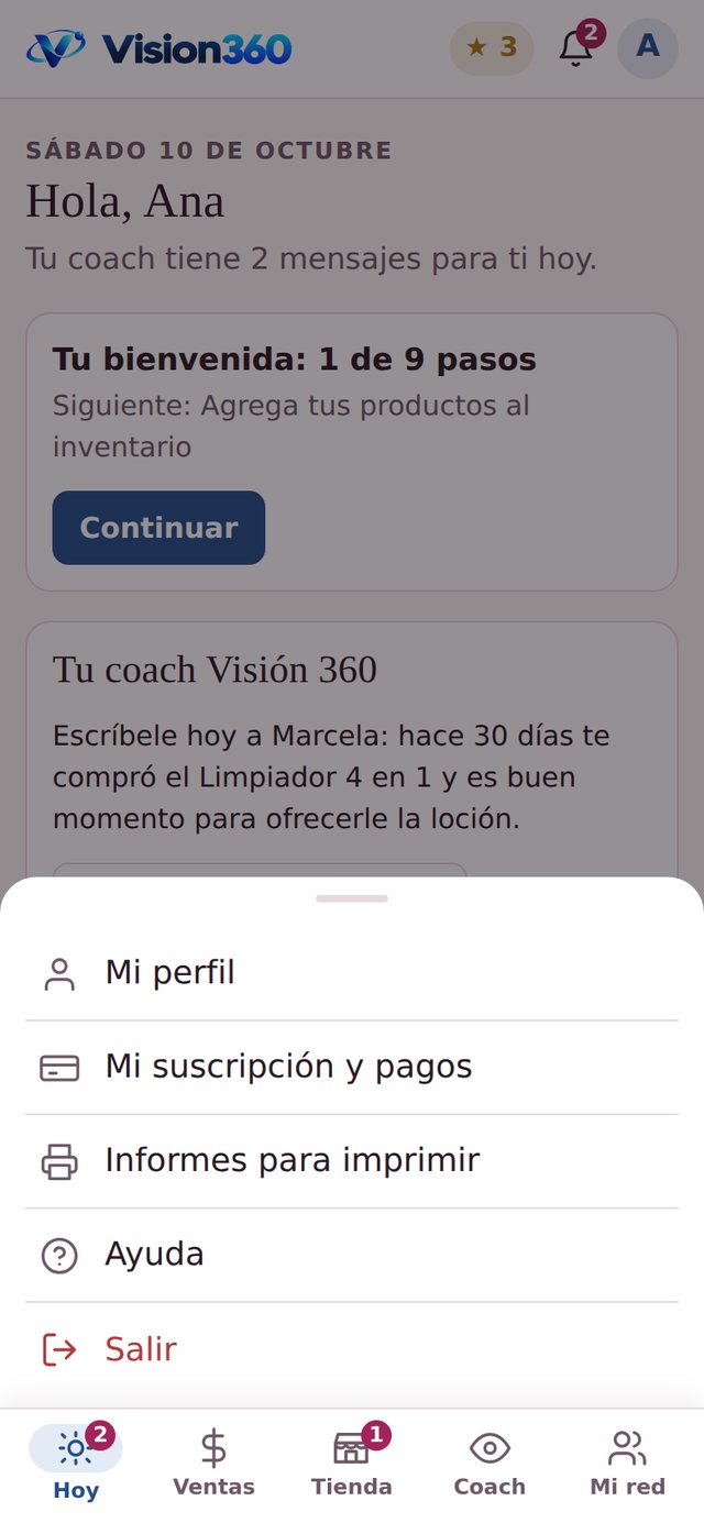 Menú de la cuenta abierto con Mi perfil, Mi suscripción, Informes, Ayuda y Salir