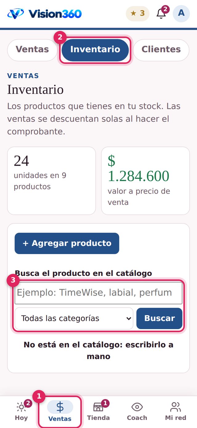 Sección Ventas con la pestaña Inventario y el buscador del catálogo señalados