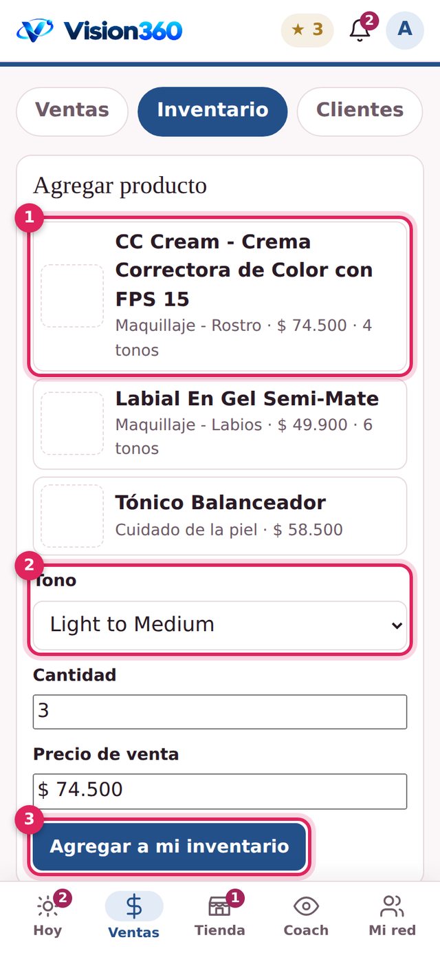 Lista de productos del catálogo con el selector de tono, la cantidad y el botón Agregar a mi inventario