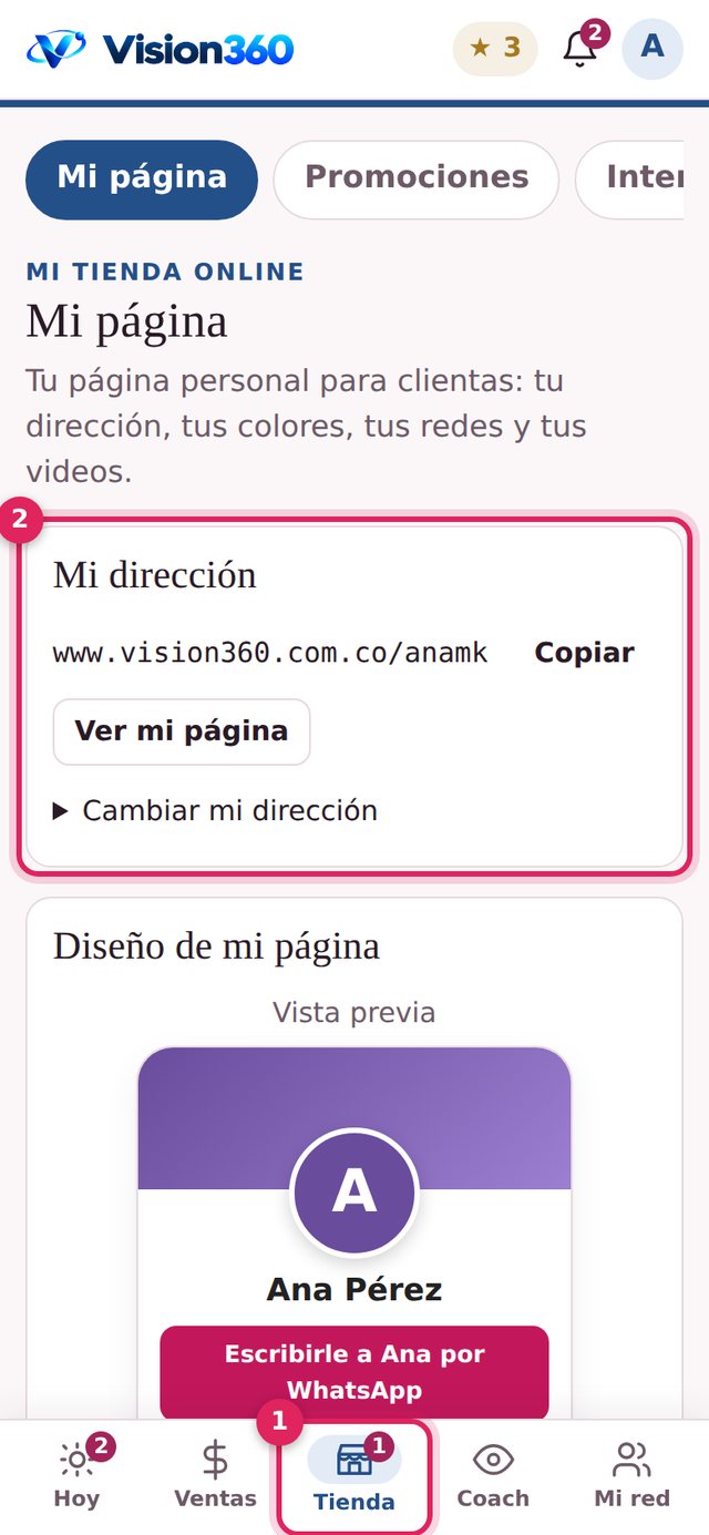 Sección Tienda con la pestaña Mi página y la dirección personal señalada