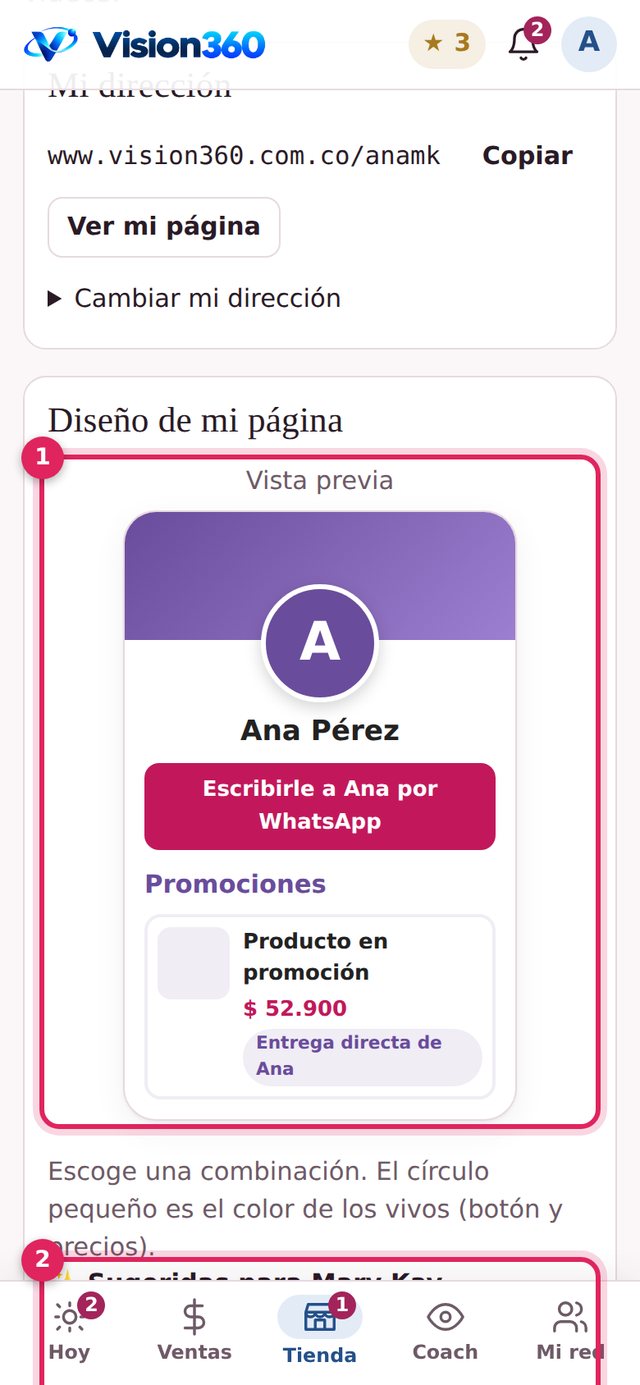 Diseño de mi página con la vista previa, las paletas sugeridas y el botón Guardar diseño