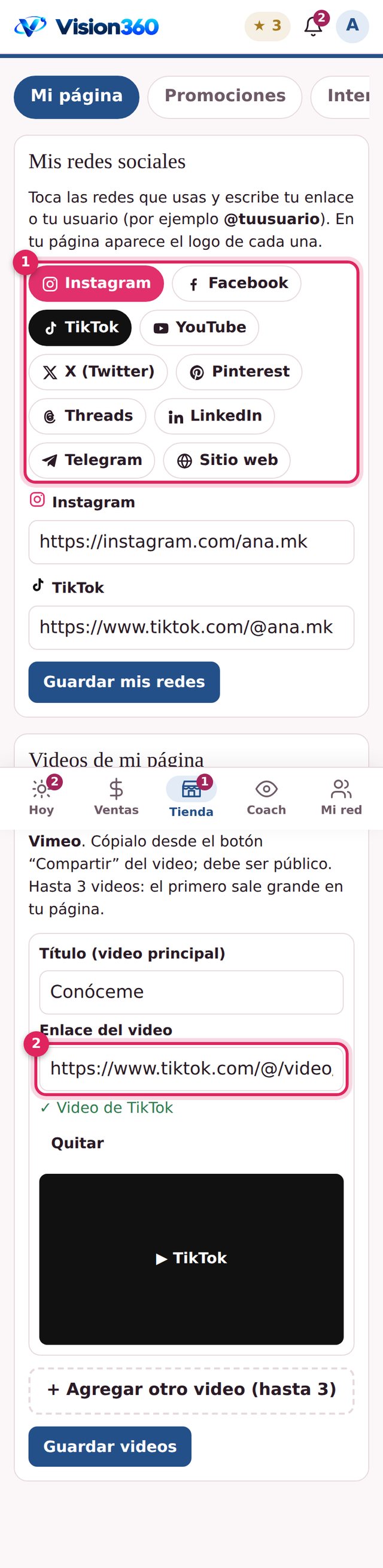 Bloque Mis redes sociales con los botones de cada red y el bloque de videos