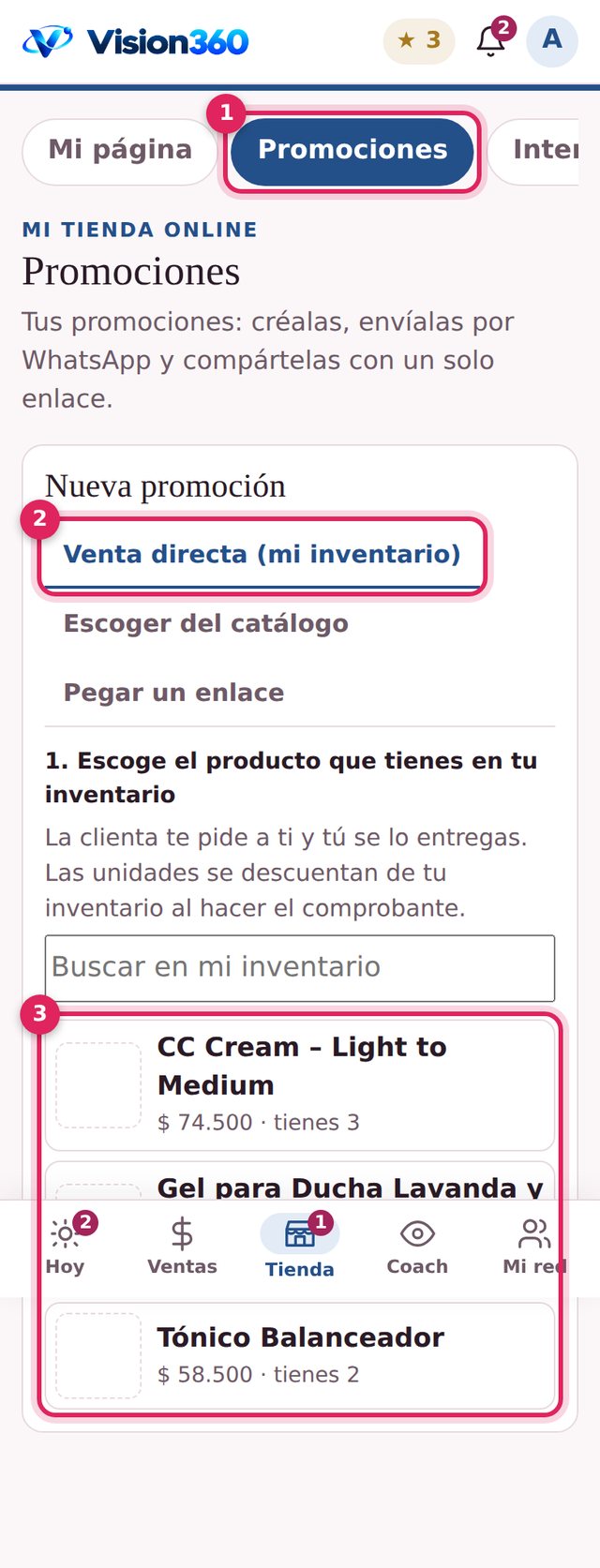 Pestaña Promociones con la opción Venta directa desde mi inventario y la lista de productos