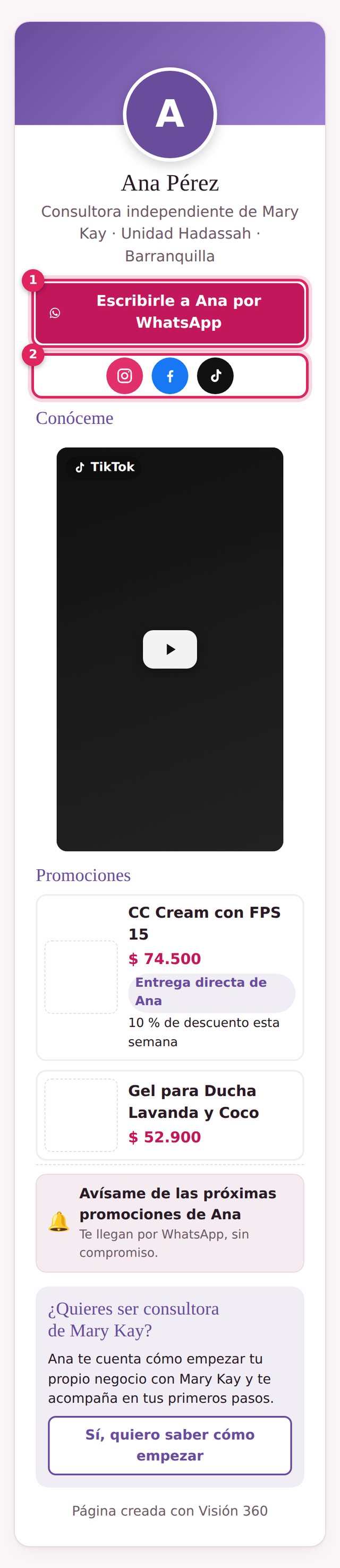 Página personal de ejemplo con cabezote lavanda, botón de WhatsApp, redes, video y promociones