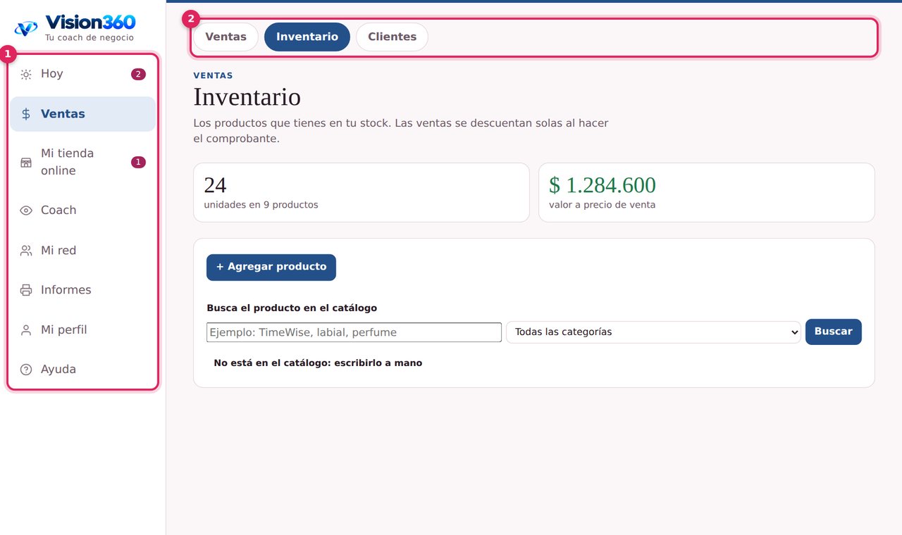 Vista de computador con el menú lateral y las pestañas de la sección Ventas